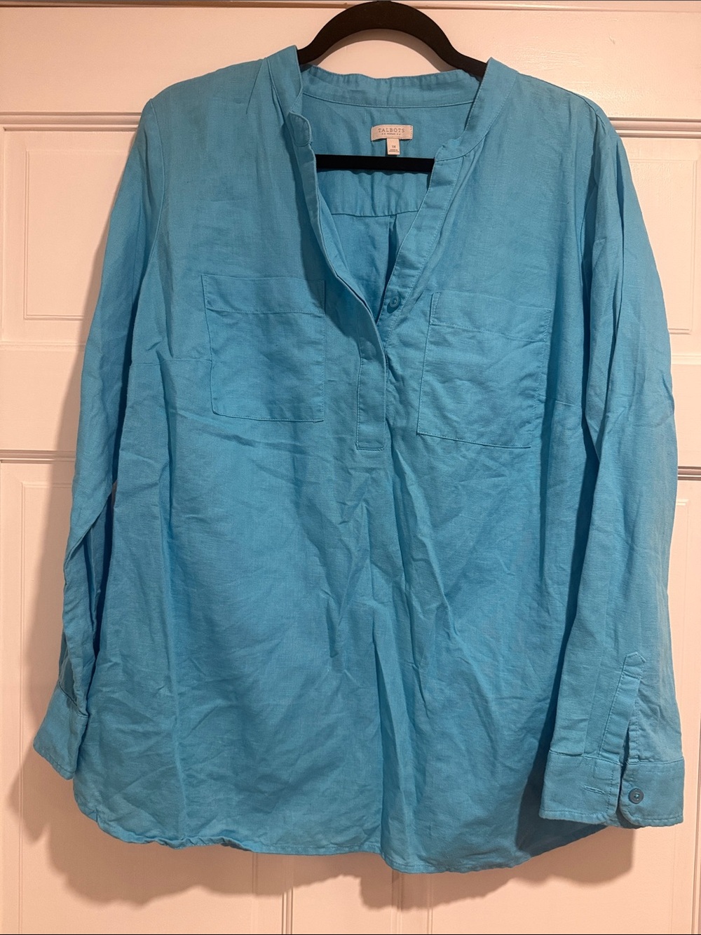 Talbots Turquoise Collarless Linen-Blend Top